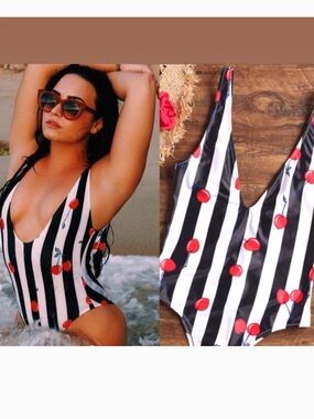 Solid & Striped The Michelle One-Piece Swimsuit Black & White Stripe Red Cherry